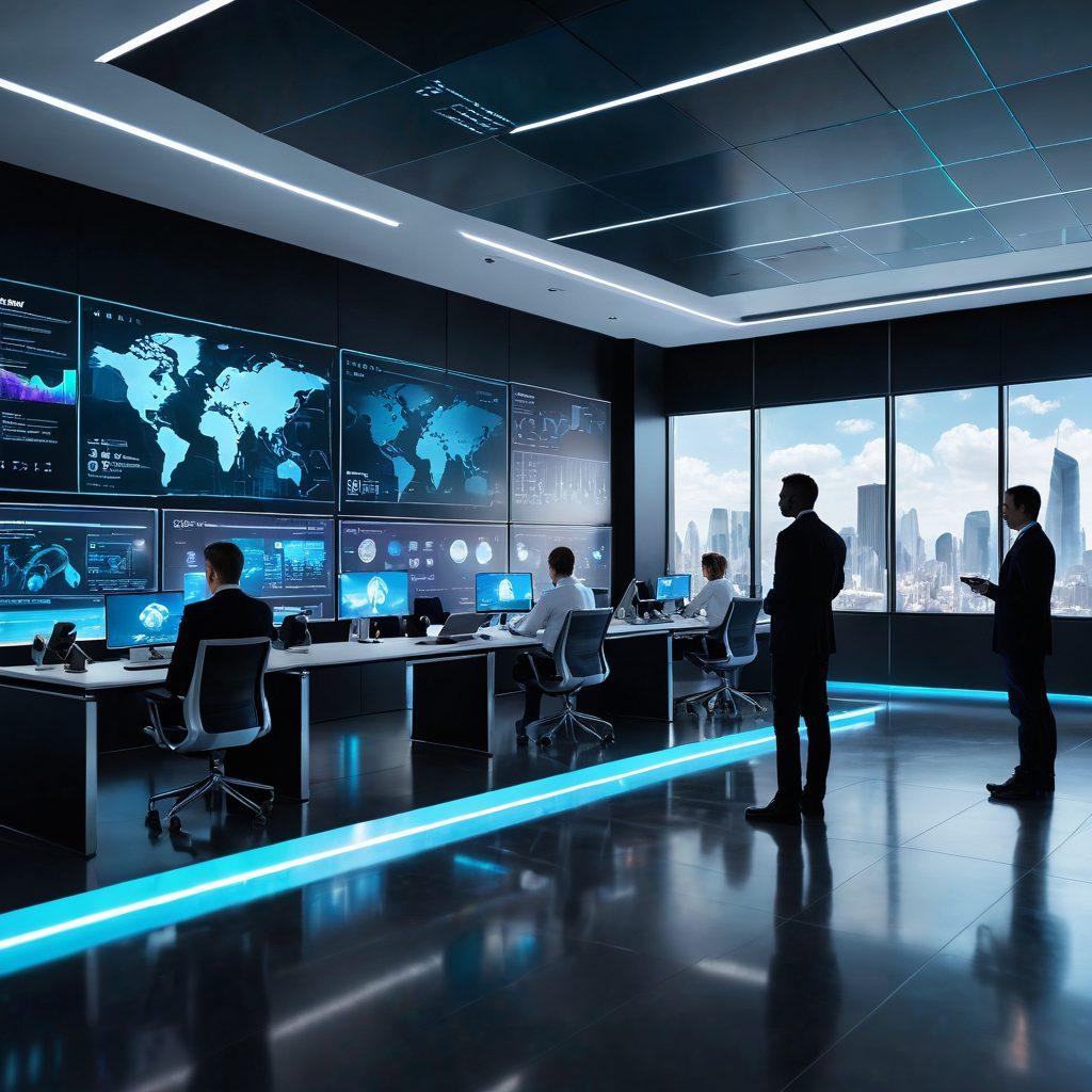 A futuristic office setting with holographic screens displaying various web services, like cloud hosting, analytics, and cybersecurity, being managed by diverse professionals in smart attire. Modern architecture and dynamic environment nuanced with advanced technological elements. vibrant colors. super-realistic.