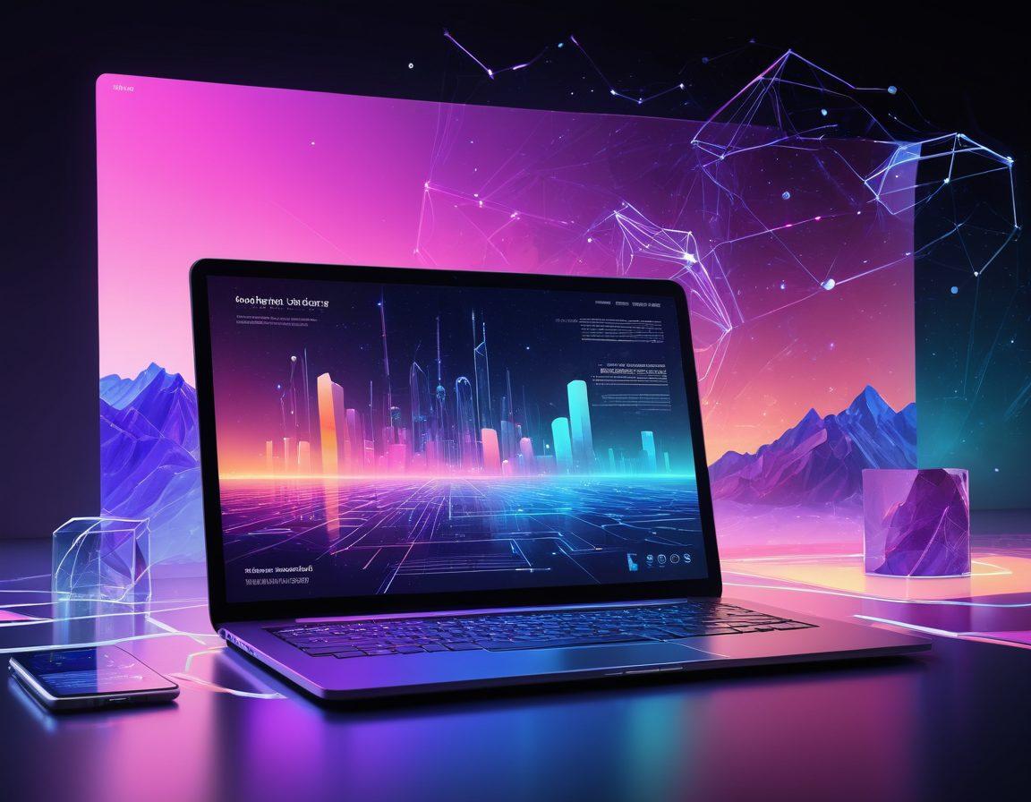 A futuristic digital landscape showcasing a sleek, modern website interface on multiple devices (laptop, smartphone, tablet), surrounded by abstract elements representing innovation in web design, development code snippets, and marketing analytics. Incorporate neon glows, holographic elements, and dynamic motion. 3D. super-realistic. vibrant colors.